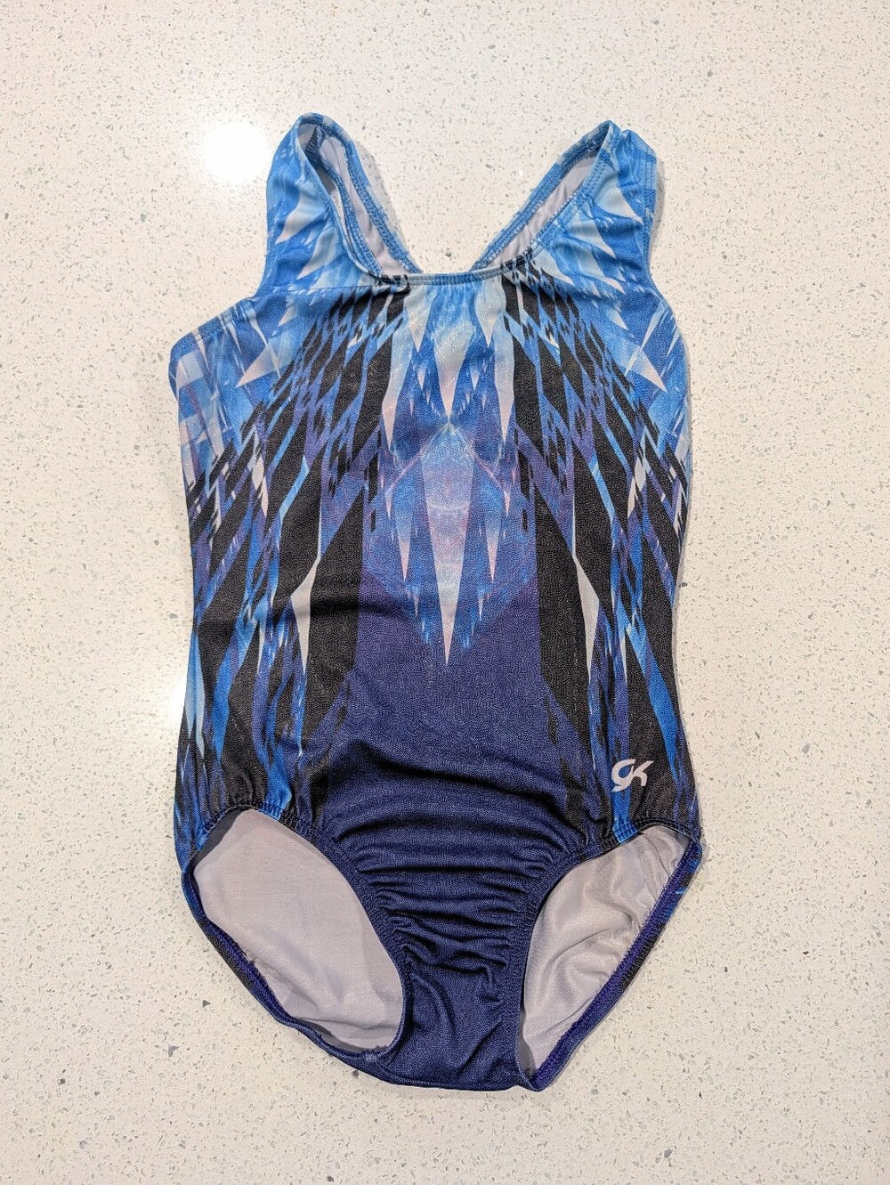 GK Elite AS Small Gymnastics Dance Leotard Blue Mystique GEOMETRIC Cool Crystals